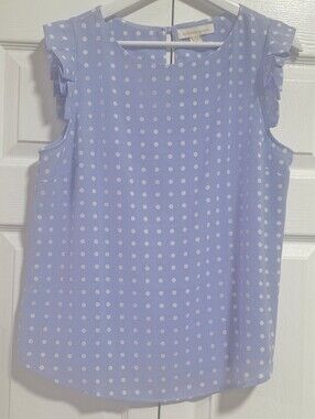Sleeveless Polka Dot Ruffle Shoulder Top - Light Blue & White